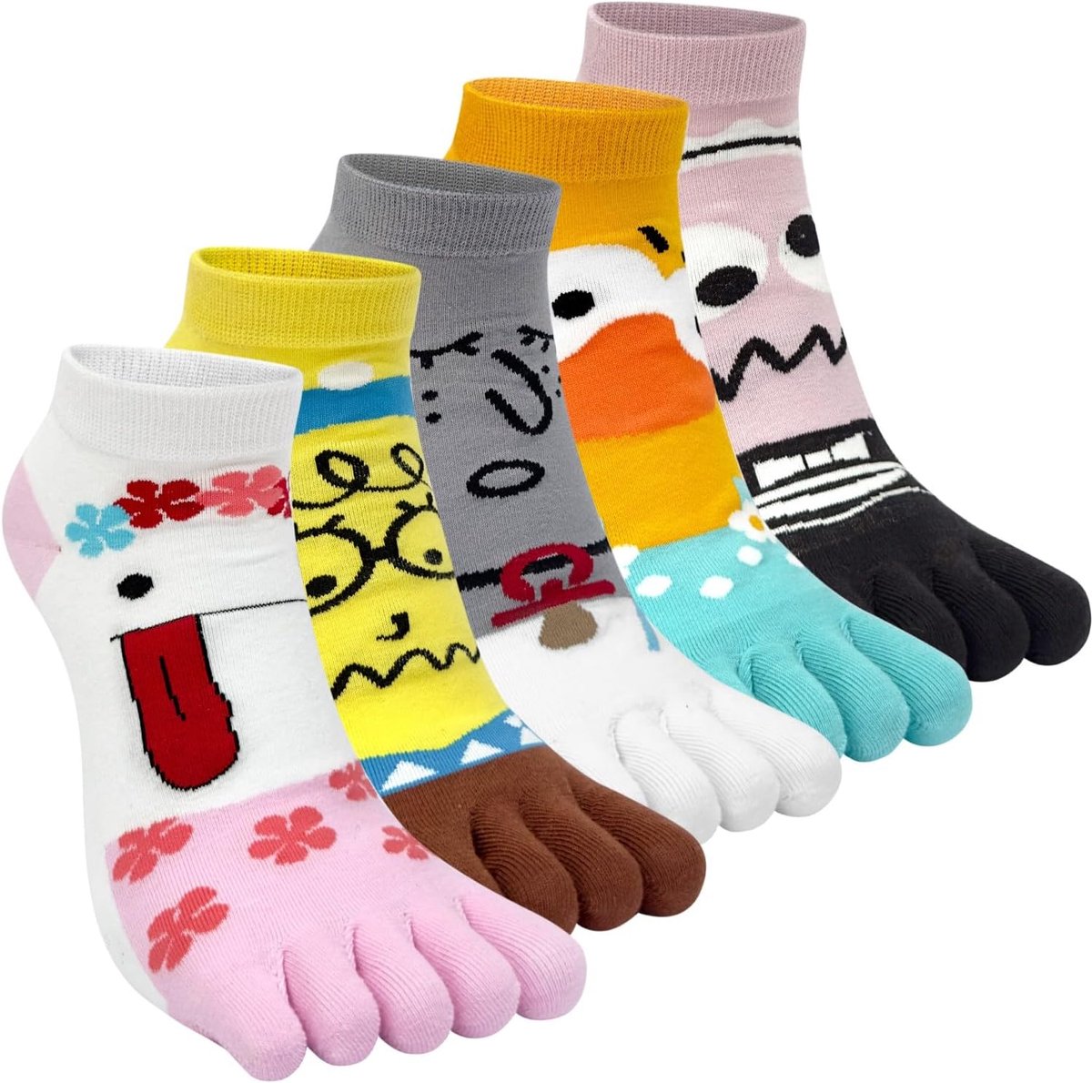 Sokken Katoenen sokken met vijf vingers Korte sokken Enkelsokken Leuke kleurrijke dierenfruitpatroon Sneakersokken Nieuwe sportsokken met tenen Enkele maat: 35-40/5 paar