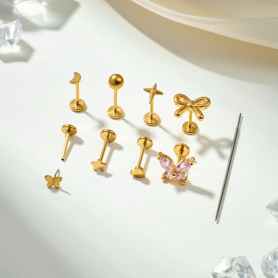20 g tragus-/lippiercing voor dames, oorpiercing, zilver, threadless-piercing, labret-piercing, met zirkonia, hart, vlinder, ster, 6 mm, voor helix/schelp/medusa sieraden — afbeelding 4