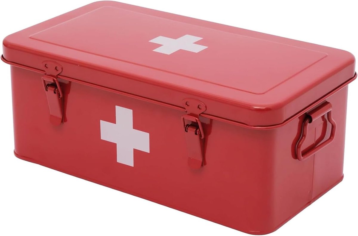 Medicijndoos van metaal met deksel, compacte huisapotheek voor thuis, praktische opslag van medicijnen en handige medicijnkoffer in rood voor een nette organisatie