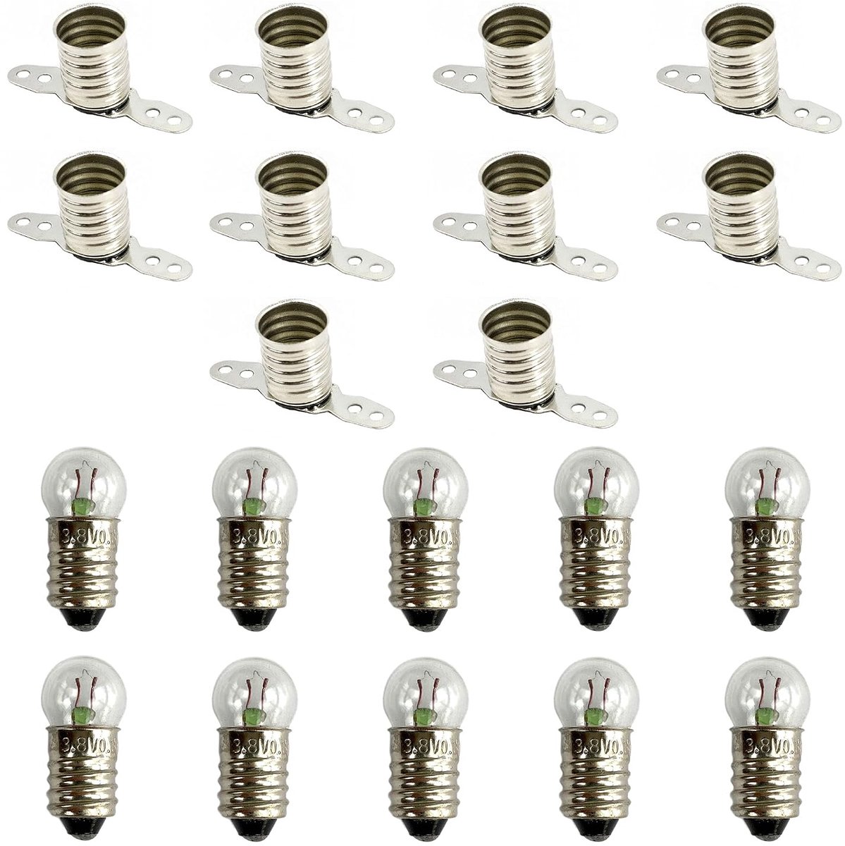 Set van 10 stuks 3,8 V 0,3 A E10 gloeilamp en 10 stuks E10 lamphouder - Elektrische set voor knutselen en school voor experimenten Elektrische schakelingen.