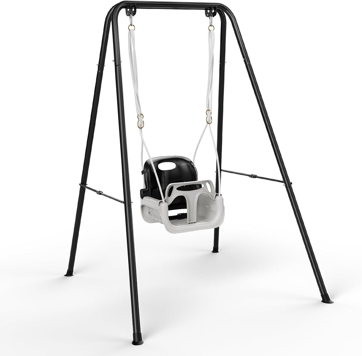 Babyschommel met frame, 2-in-1, kinderschommel met metalen standaard, schommelframe, veiligheidsgordel, schommelzitje voor binnen en buiten spelen (zwart)