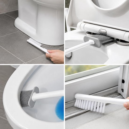 Siliconen toiletborstel met 2-in-1 standaard - Toiletborstel met geïntegreerde mini-borstel - Lijm, wand- of vloerbevestiging - Snel drogend - Gekozen kleur - 2 borstels — afbeelding 2