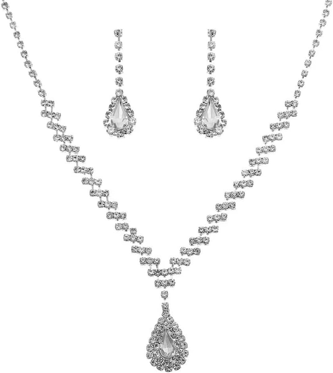 Crystal Ketting Oorbellen Set Zilveren Bruid Choker Kettingen Hanger Bruiloft Sieraden voor Vrouwen en Meisjes, Messing Metaal Edelsteen Zilver, Stras