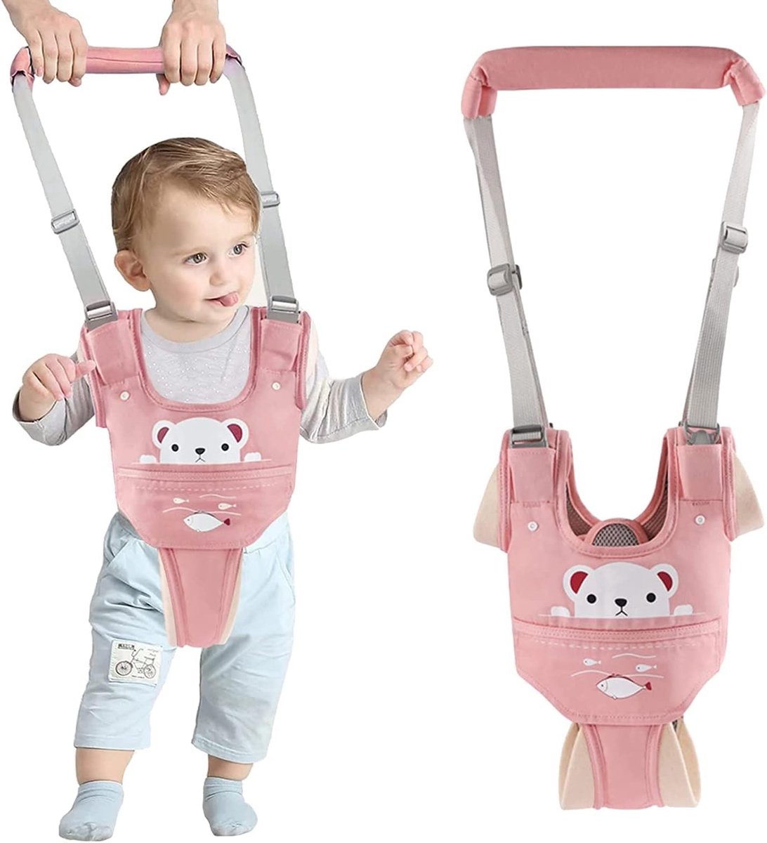 Verstelbare Baby Wandelen Harnas Handvat met Afneembaar Kruis Baby Loophulp Staan lopen leren Helper Wandelaar Veiligheidslijn voor Babywandelaars van 9-24 Maanden (Roze Beer)