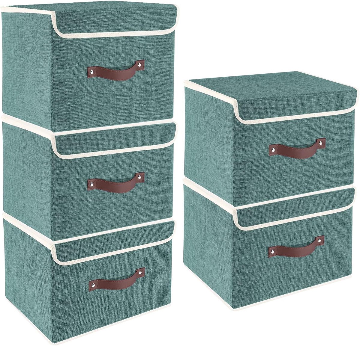 Opvouwbare Opbergdoos met Deksel, Stof, Afwasbaar, Opbergbak met Deksel, 38x25x25 cm, Set van 5, Aqua Deep