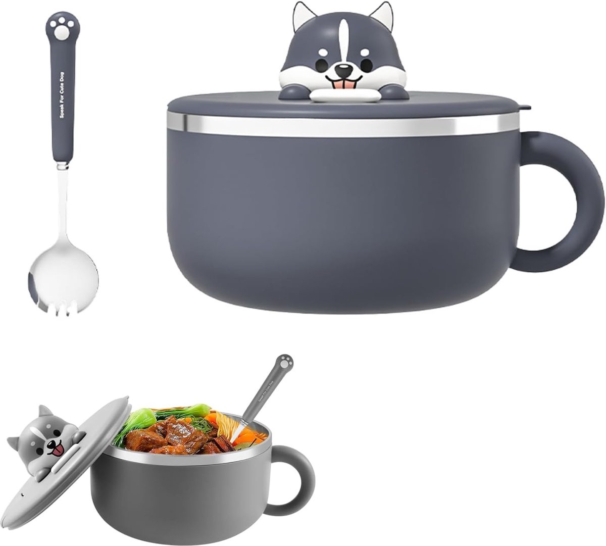 Instant-noedelschaal met handgrepen, 304 roestvrij staal pasta schalen instant, 1200 ml instant-ramenschaal met deksel en lepel, soepschaal met deksel voor noedels, salade (B)