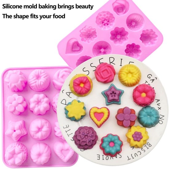 2 stuks 12 bakvormen siliconen bloem zeep vorm muffinvorm cake brood vorm siliconen puddingvorm bloemen cakevormen chocolade jelly snoep bakvorm (roze) — afbeelding 4