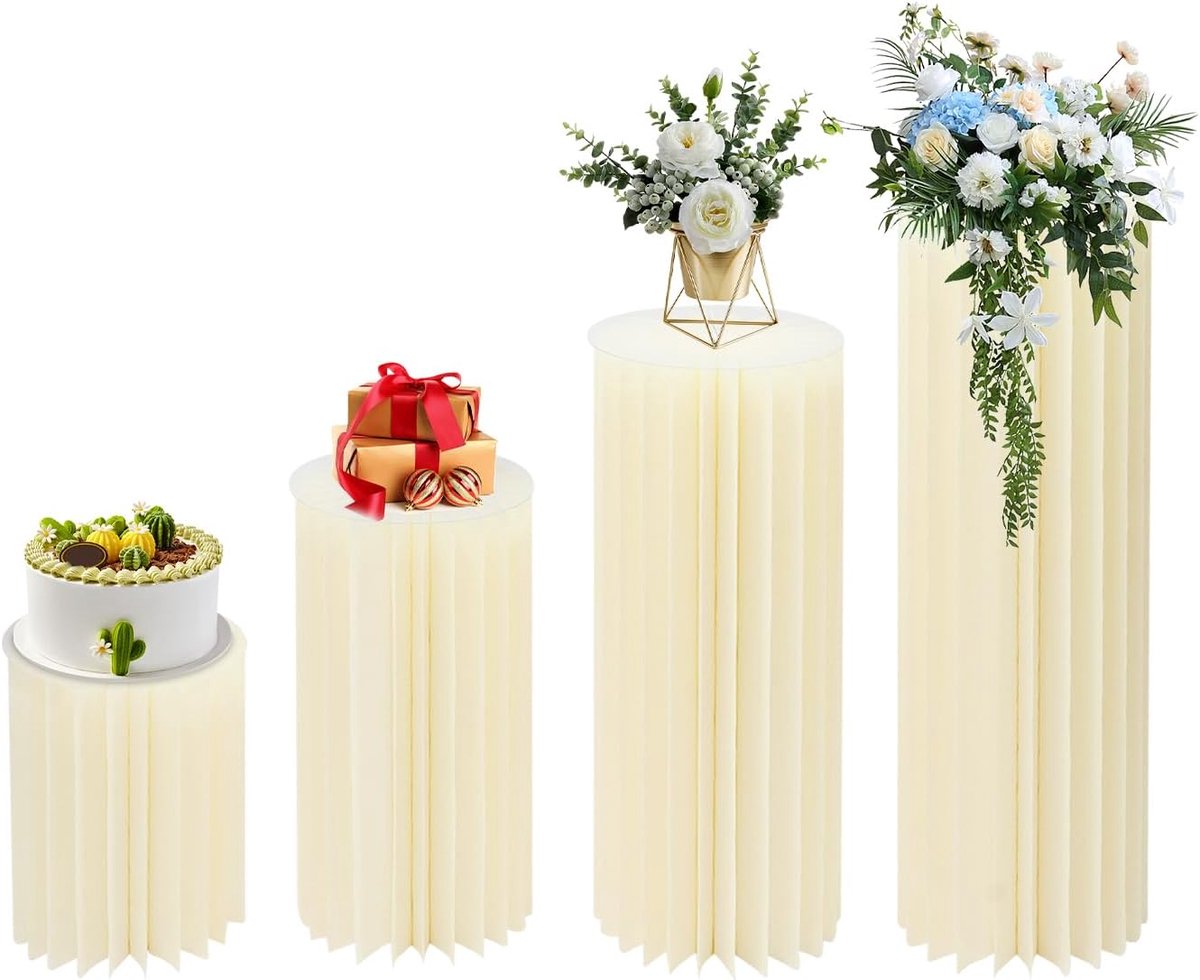 4 stuks opvouwbare kartonnen bloemenzuilen, decoratieve zuilen met pvc-platen, cilindertafel, Romeinse zuil van karton voor verloving, verjaardag, tafeldecoratie, bruiloft, decoratie, wit