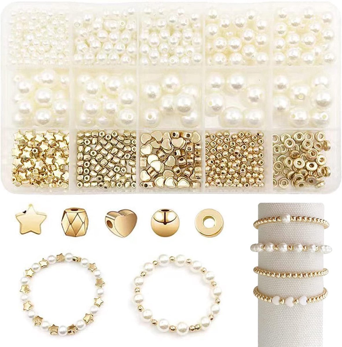 Kralenset Witte kralen om op te rijgen, armbanden, sieraden, knutselen, DIY, geschikt voor sieraden zelf maken, set voor volwassenen, Kerstmis, feest, Pasen, sieraden maken