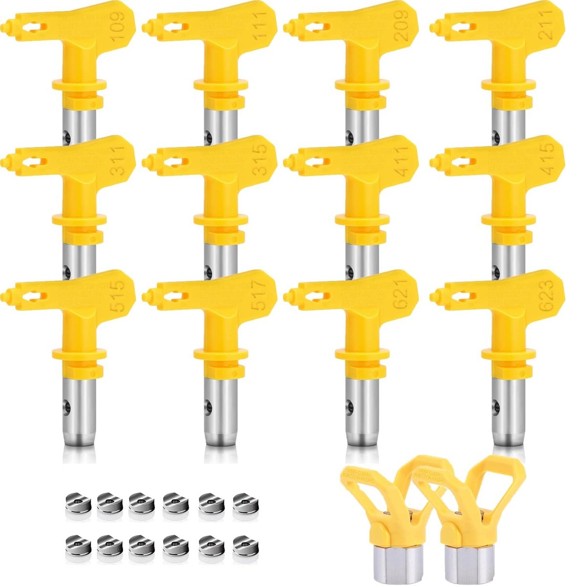 12 stuks spuitpunten met 2 mondstukbescherming voor airless verfpistolen (109,111,209,211,311,315,411,415,515,517,621,623)