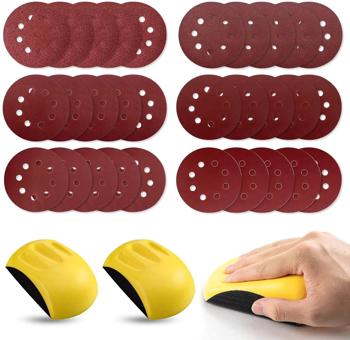 Schuurblokset, 2 stuks schuursponzen met 30 vellen schuurpapier, 12 cm, handschuurblok, ronde schuurschijven, 125 mm, klittenbandkorrel 60/120/180/320/400/600, voor hout, metaal, meubelrestauratie