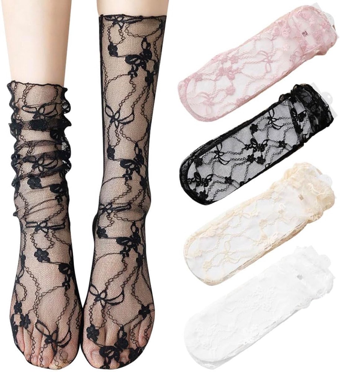 4 paar dames kant sokken meisjes doorzichtige slouch sokken mesh sokken nieuw versierde sokken nylon sokken losse enkel hoog
