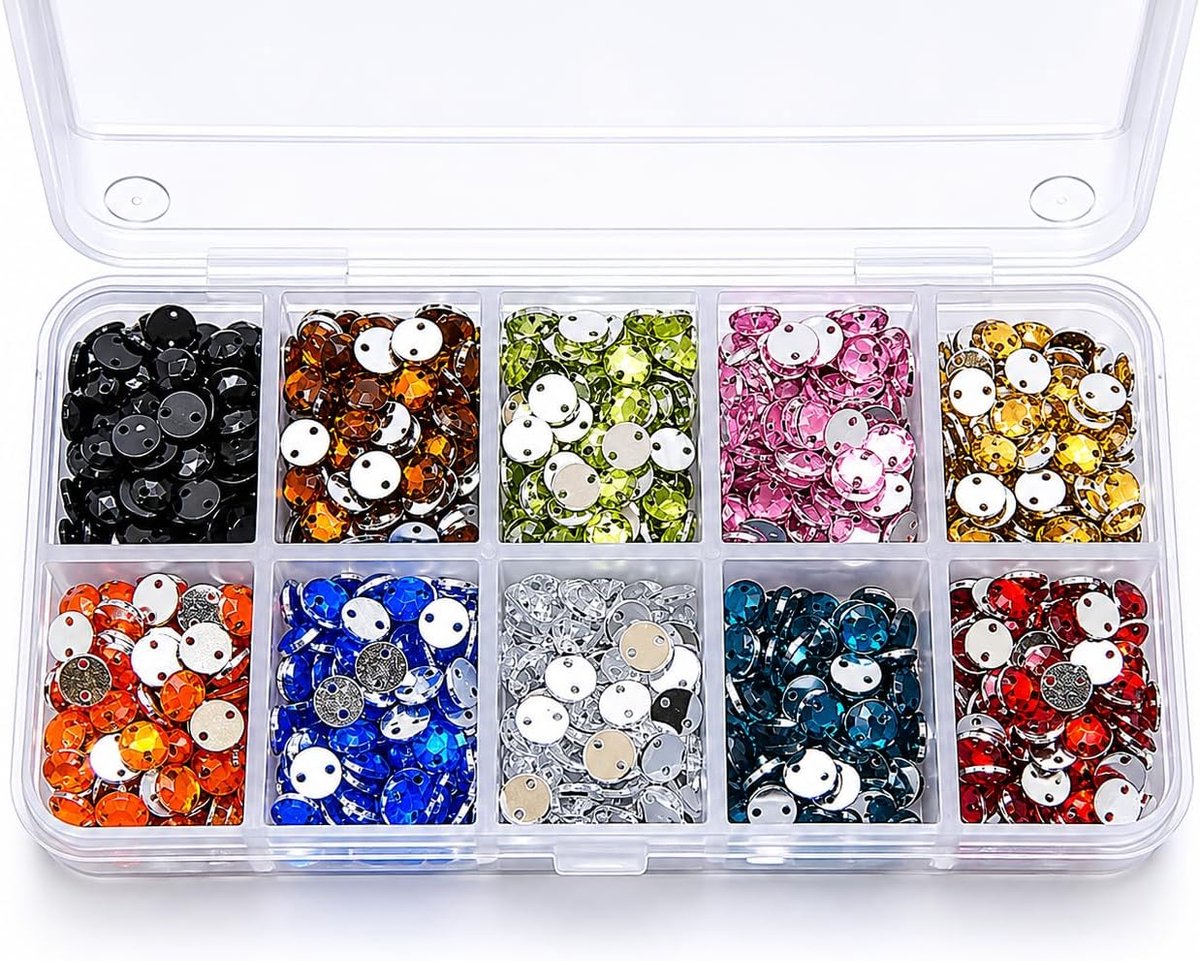 Strassteentjes om op te naaien, glitterstenen om aan te naaien, 1500 stuks, rond, 10 kleuren, set 6 mm, kristallen acrylstenen, platte achterkant, met sorteerdoos voor kleding, kleding en tas