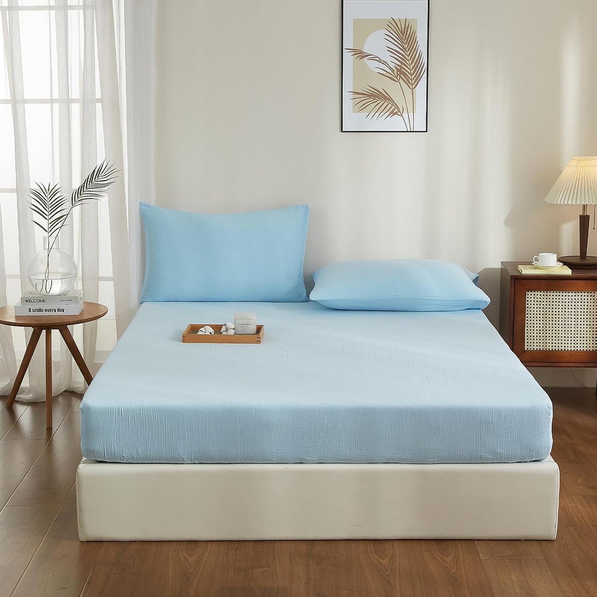 Muslin-spanlaken 200x200cm 100% katoen Blauw Muslin-bedlaken 200x200cm katoen Zacht Ademend Knus spanlaken Boxspringbed Geschikt voor 30cm matras