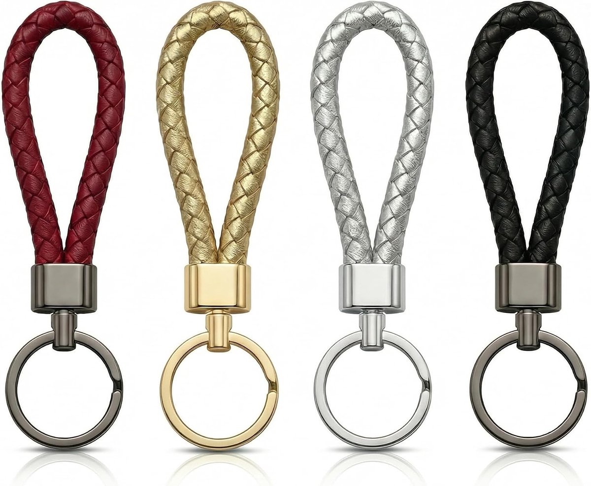 4 stuks sleutelhangers leer gevlochten sleutelkoord korte sleutelhanger voor auto, motorfiets, huis