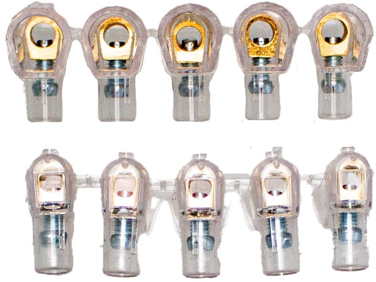 Unipolaire klemmen, 2 lamellen à 5 stuks, transparant isolerend voor elektrische kabels (doorsnede 4 mm²)