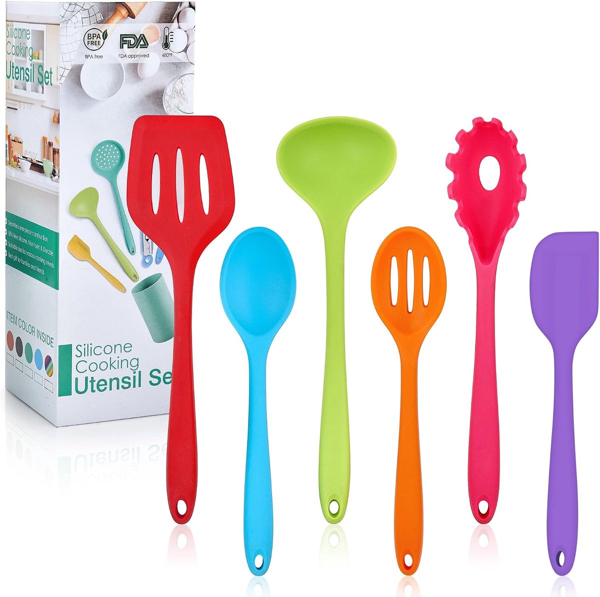 HaWare 6-delig kookgerei set, antiaanbaklaag siliconen keukengerei kookbestek set, hittebestendig kookgerei keukenset voor koken & bakken, gemakkelijk schoon te maken - Veelkleurig