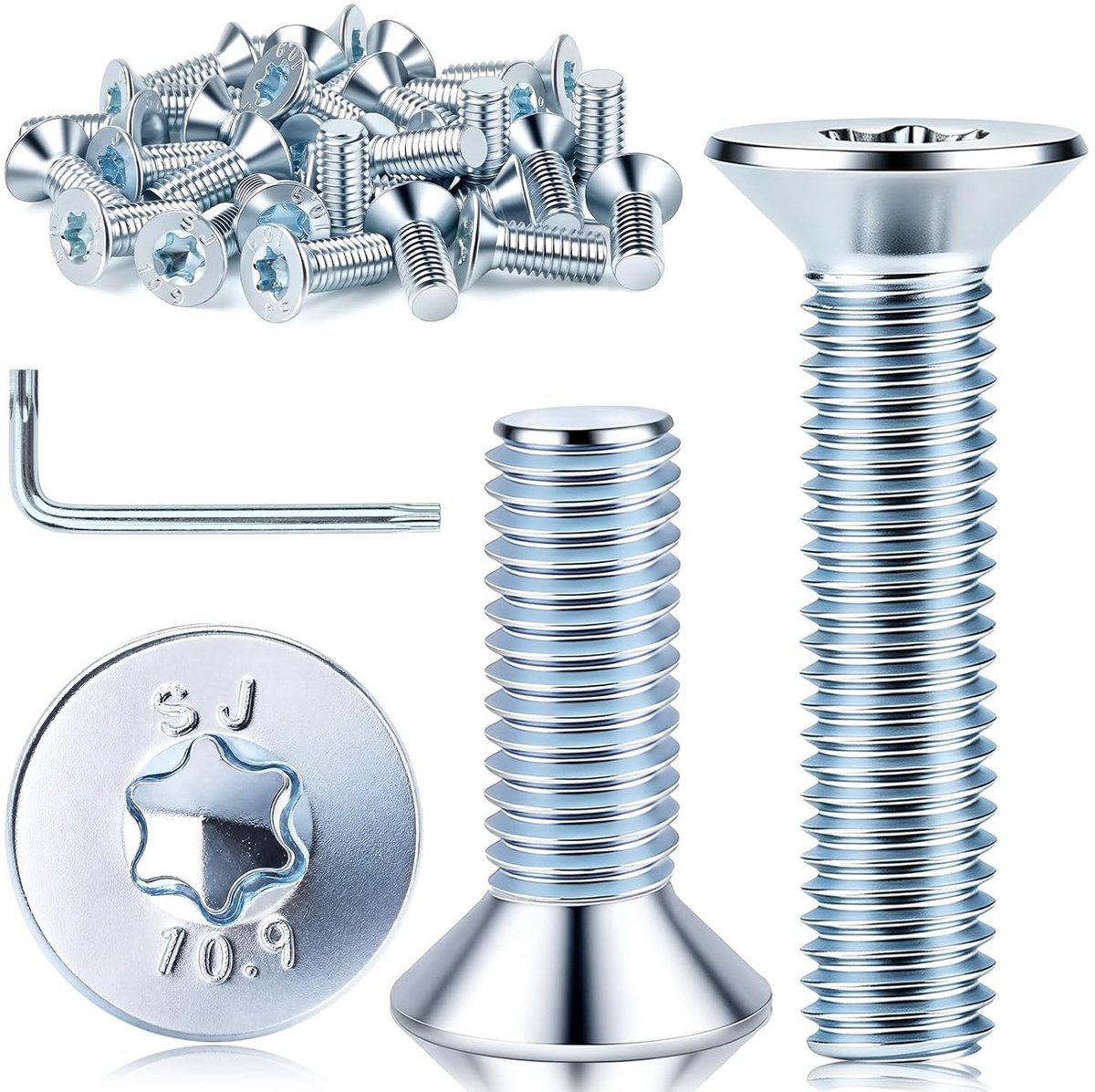 50 stuks verzonken schroeven, M3 x 10 mm, verzonken schroeven, M3 verzonken schroeven, binnenzeskantschroeven, verzinkt, koolstofstaal, volledige schroefdraad met torx-sleutel voor apparaten