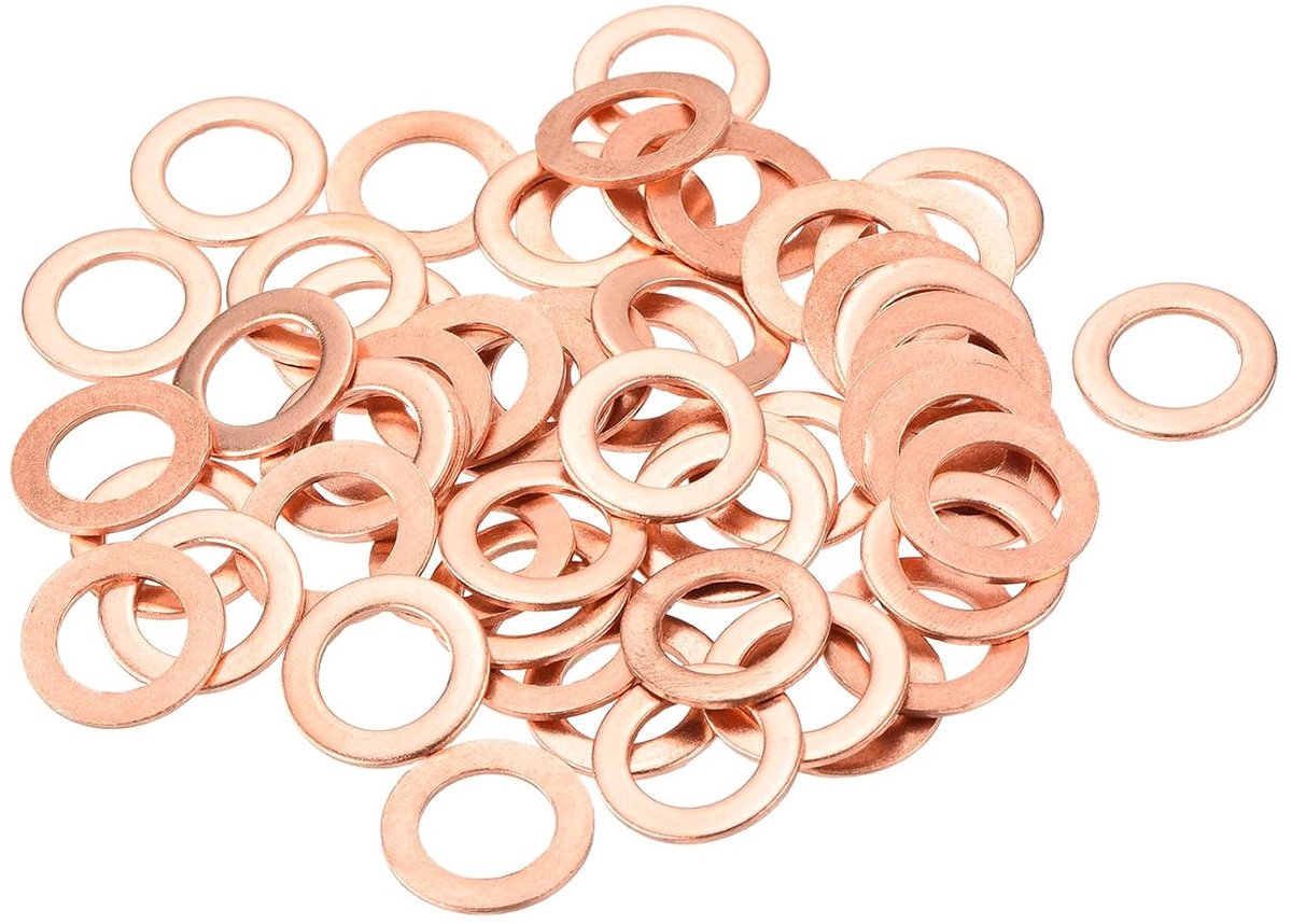 52 stuks platte koperen afdichtingen, 10 x 16 x 1 mm koper, platte metrische afdichtingen voor hydraulische fittingen, schroeven, bouten, moeren, elektronica-reparatie