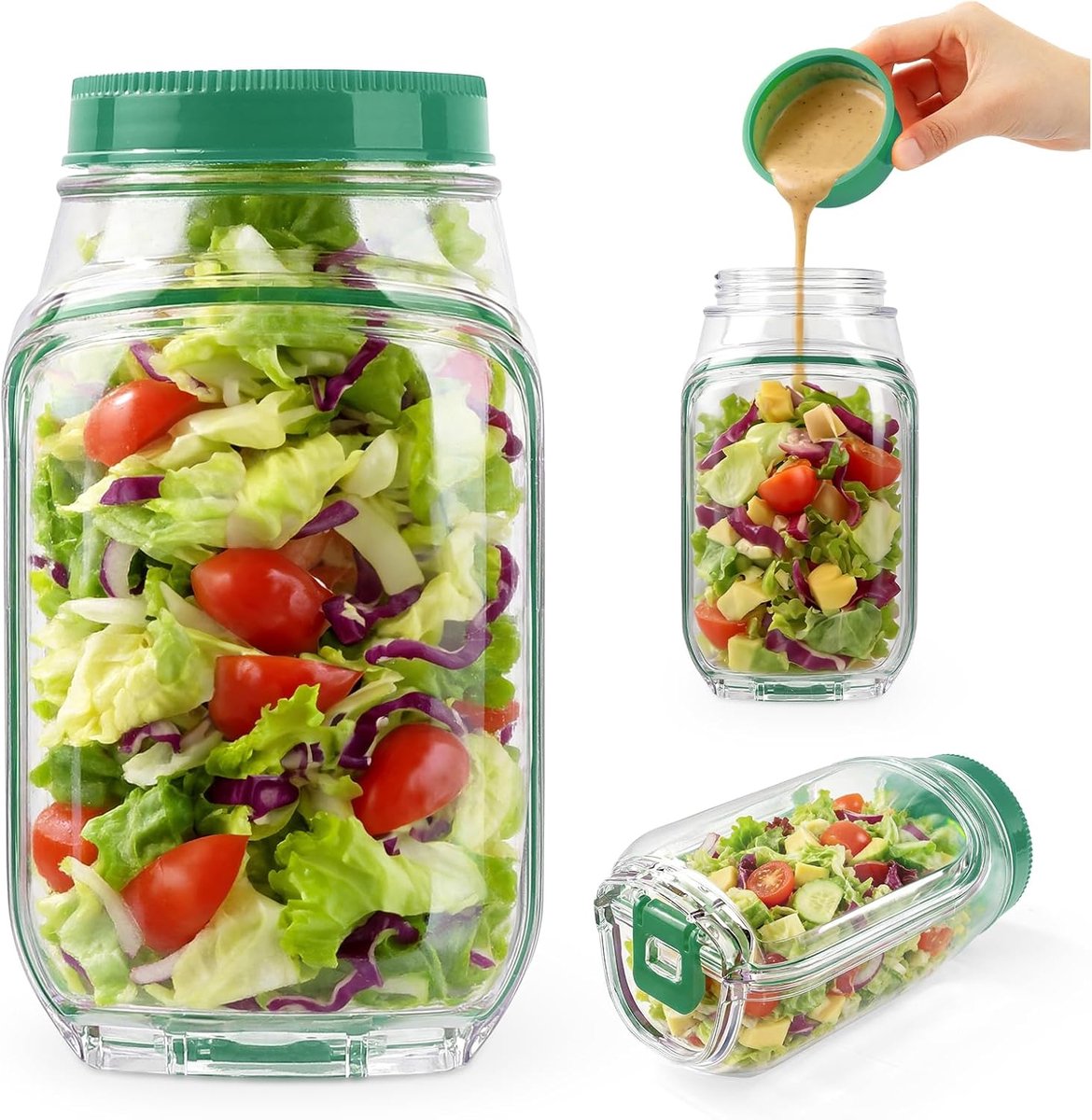 Zijdelings te openen salade metselaarpot met dressing cup - lekvrije maaltijdbereidingscontainer, ideaal voor salades, lunches thuis, kantoor en reizen