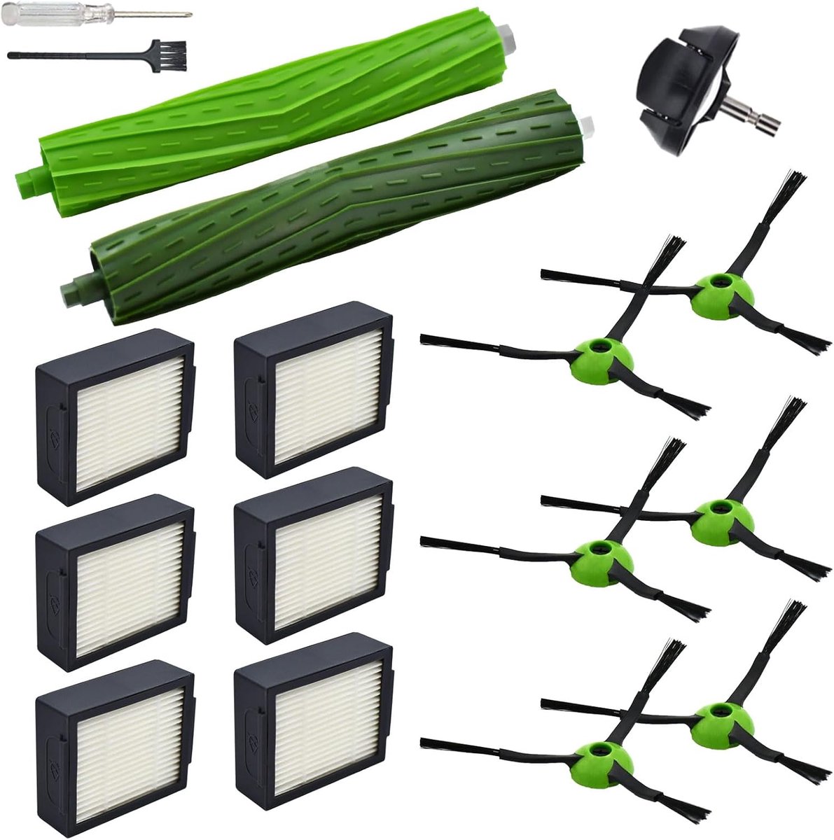 Reserveonderdelen compatibel met iRobot Roomba, J7, J7+, J5, J5+, J6, J6+, J8, J8+, J9, J9+, i e j serie, accessoireset met voorwiel, rubberen borstels, 6 HEPA-filters, 6 zijborstels