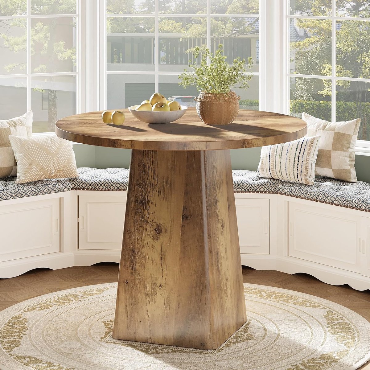 80 cm ronde eettafel voor 2-4 personen, kleine landelijke keukentafel met vierkant onderstel voor eetkamer en woonkamer, rustiek bruin