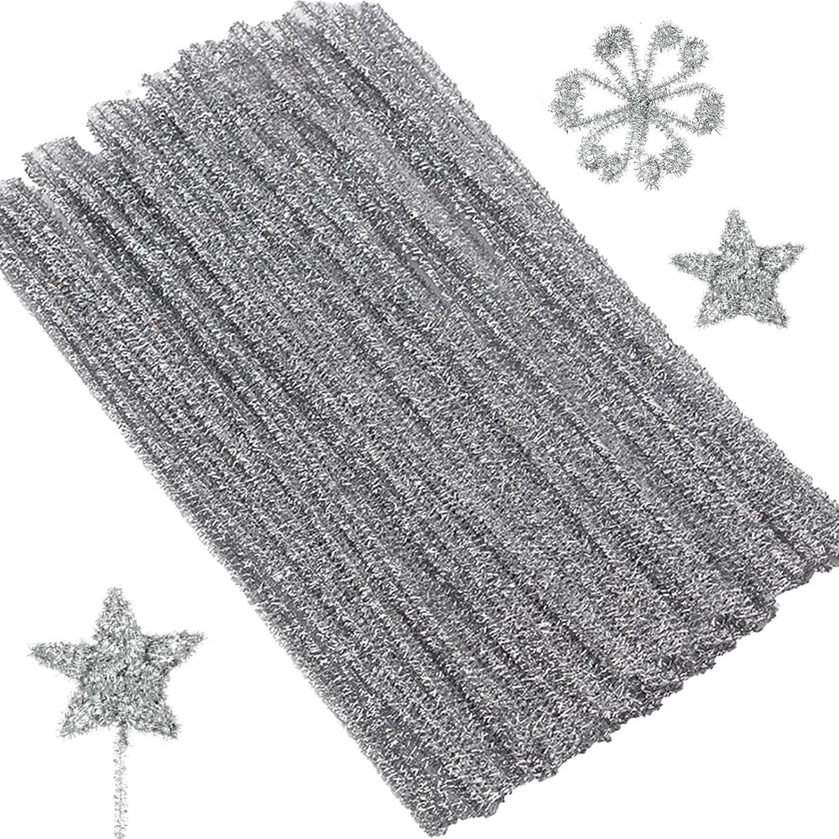 100 kleurrijke borstels voor knutselen, 30 cm × 6 mm, zilver | Glitterstelen van chenille, voor creatieve kerstdecoraties