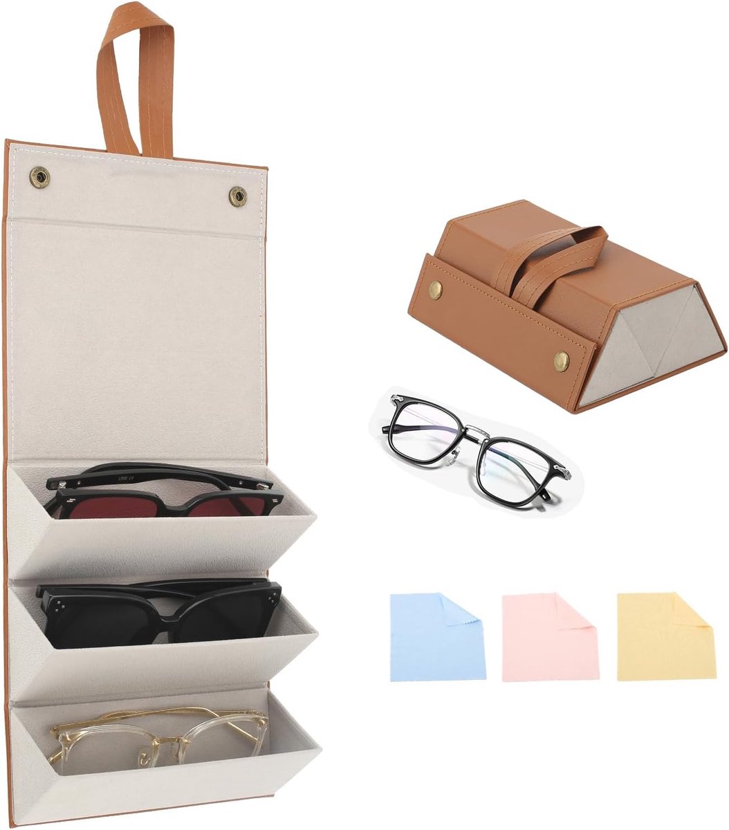 Zonnebril opslagdoos set - PU leer 3-vaks organizer - inclusief 3 schoonmaakdoeken - ideaal voor reizen - ShopVlot