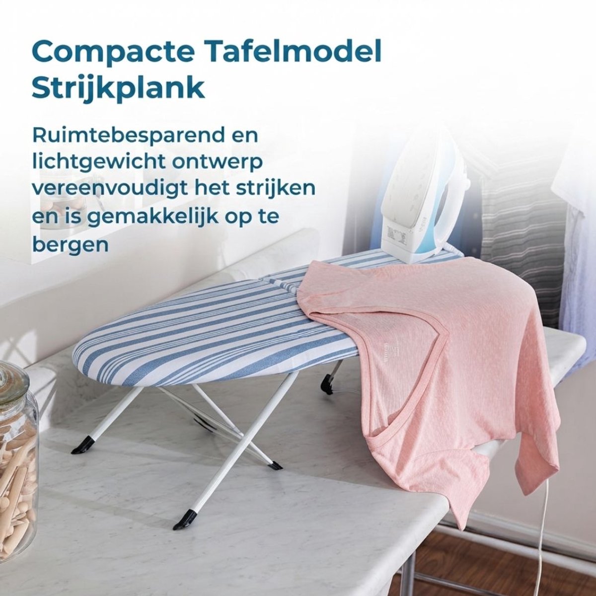 Lìon® Strijkplank - Inklapbare Strijktafel met Verstelbare Hoogte en Strijkijzerhoud - Wit/Lichtblauw - 82cm x 31cm x 18cm