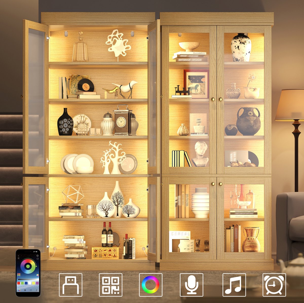 MODENUIT Vitrinekast - LED Verlichting En Glasdeur - Woonkamer En Slaapkamer - MDF Metaal - 80x40x180 Cm - Naturel Hout