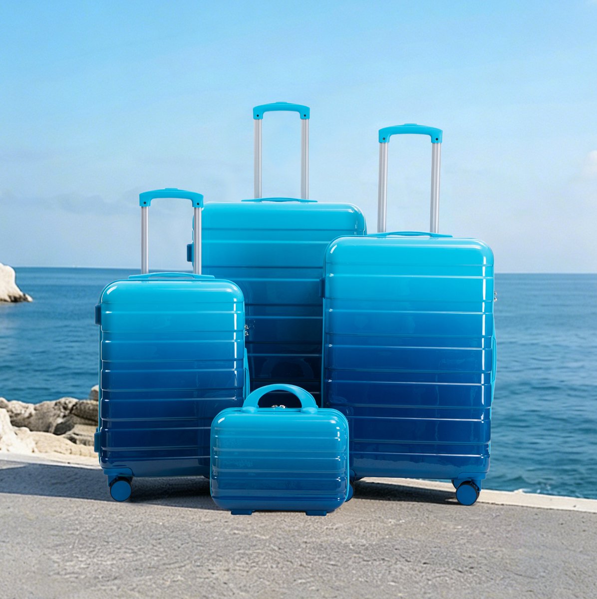 COVREO Kofferset 14 20 24 28 inch blauw, PC hardcase met cijferslot
