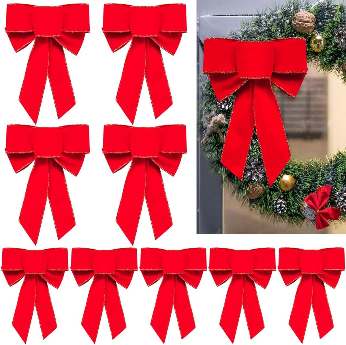 Kerststrikken 10 Stuks - Grote Rode Fluwelen Strik met Glitter Gouden Rand - Perfect voor Kerstboom en Deurkransen - ShopVlot