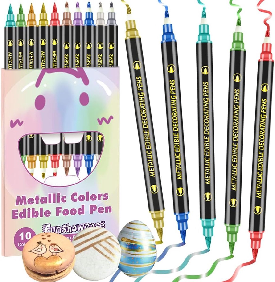 SnelShoppen - 10 eetbare markers met metalen dubbele punt en kwast voor het decoreren van taarten, koekjes, cupcakes, chocolade, fruit, snoep en meer