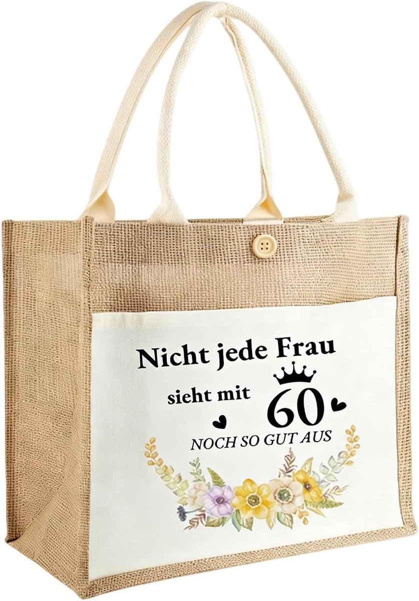 Jute draagtas - grote linnen boodschappentas - 60ste verjaardag met spreuk - leuk cadeau voor vrouwen - ShopVlot