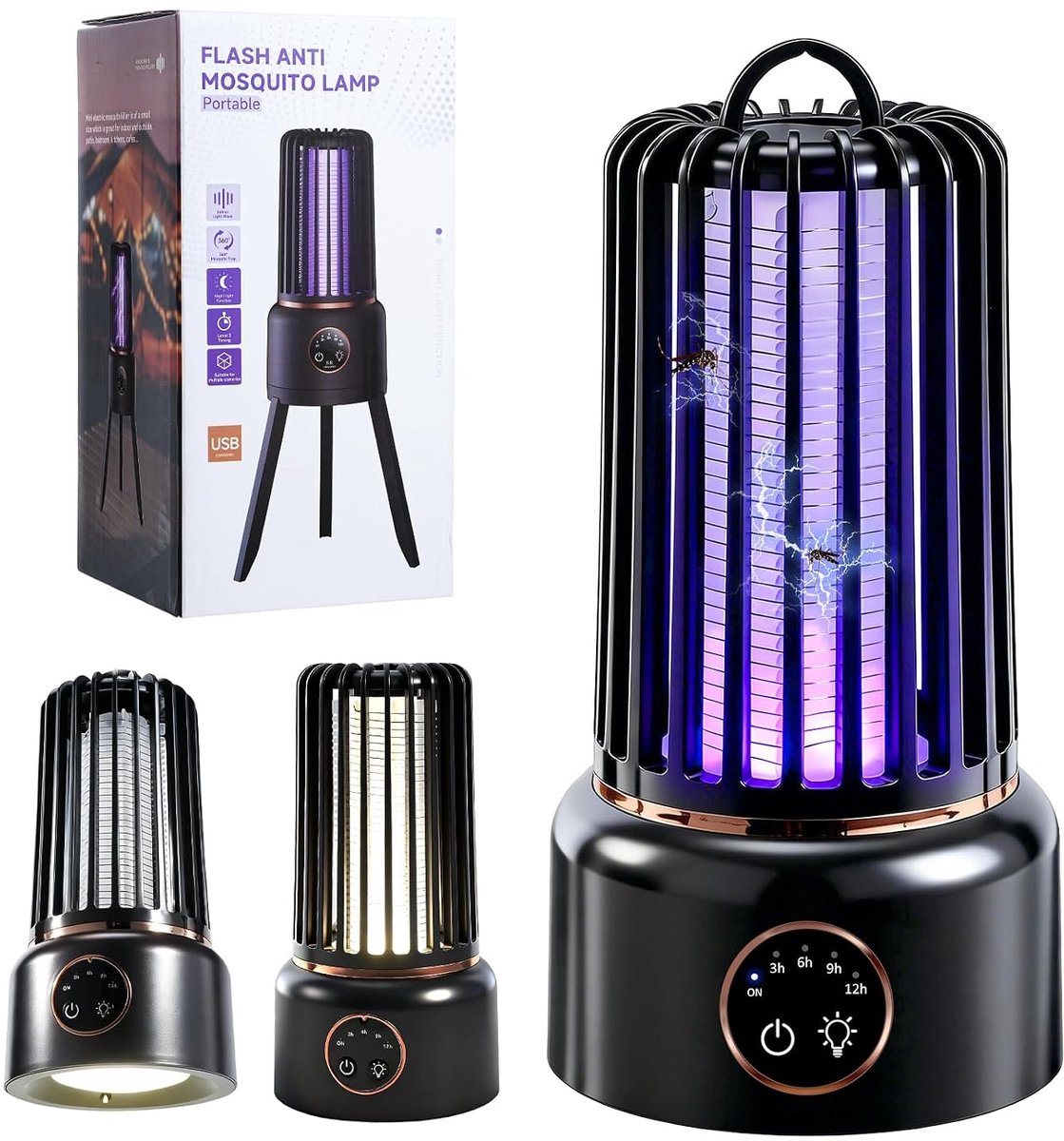 Elektrische insectenverdelger 3-in-1 - 1200 mAh - muggenlamp met ledlicht - veilig en effectief voor binnen en buiten - ShopVlot