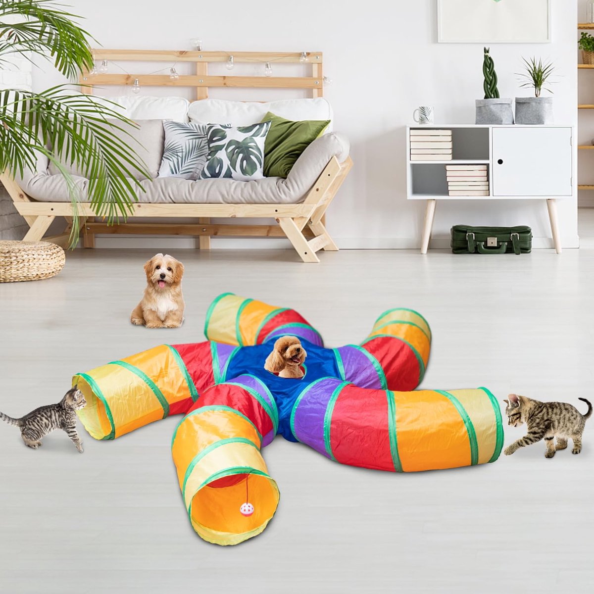 5-Weg Kattentunnel voor Binnenkatten - Opvouwbare Speeltunnel met Speelbal en Kijkgaten - Grote S-Vormige Speelbuis voor Katten en Kittens - Interactief Kattenspeelgoed voor Spelen, Verstoppen en Bewegen
