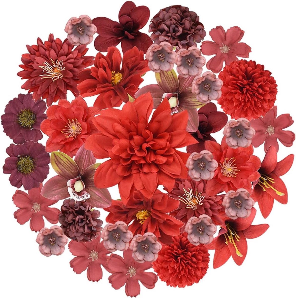 Kunstbloemen set 35 stuks - Mini decoratieve bloemen - Rood assortiment - Perfect voor bruidsboeket en DIY decoratie - ShopVlot