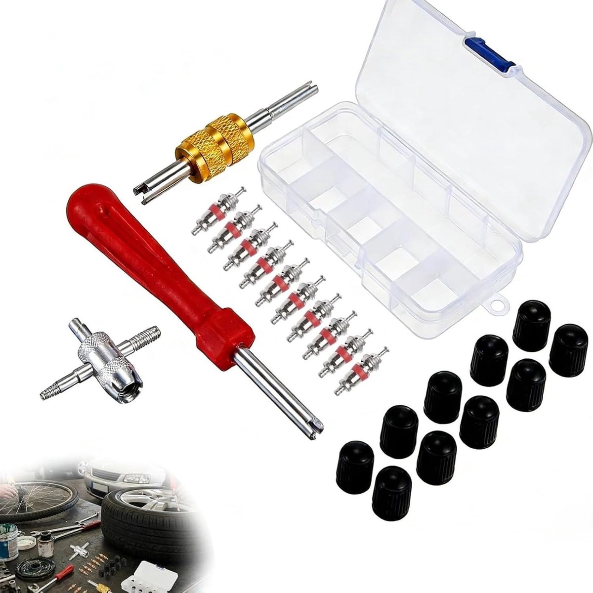 Bandenventielreparatieset 33-delig - inclusief 20 ventielkernen - 4-in-1 gereedschap - ShopVlot