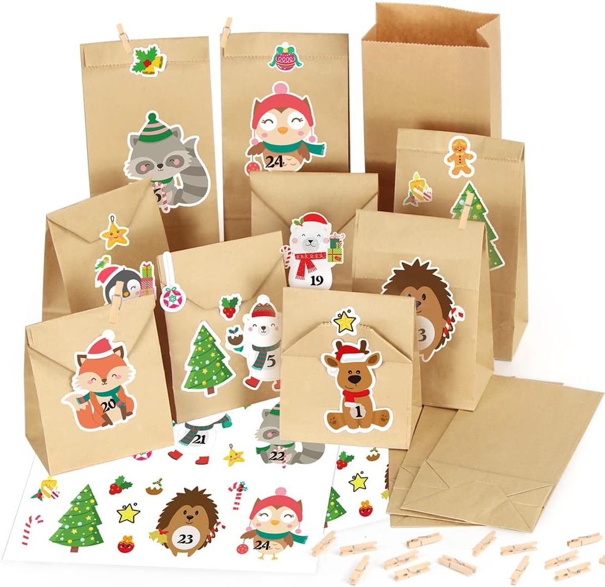 Adventskalender Papieren Tassen 24 Stuks - DIY Advent Kalender - Met Dierenstickers en Houten Klemmen - ShopVlot