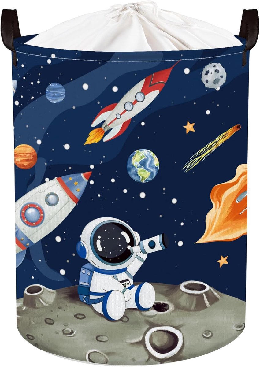 SnelShoppen - Ruimte Raket Grote Wasmand 63L - Planetene sterren stof opslagmand - Kleding & Speelgoedopslag voor Kinderen - Blauw - Perfect voor Kind