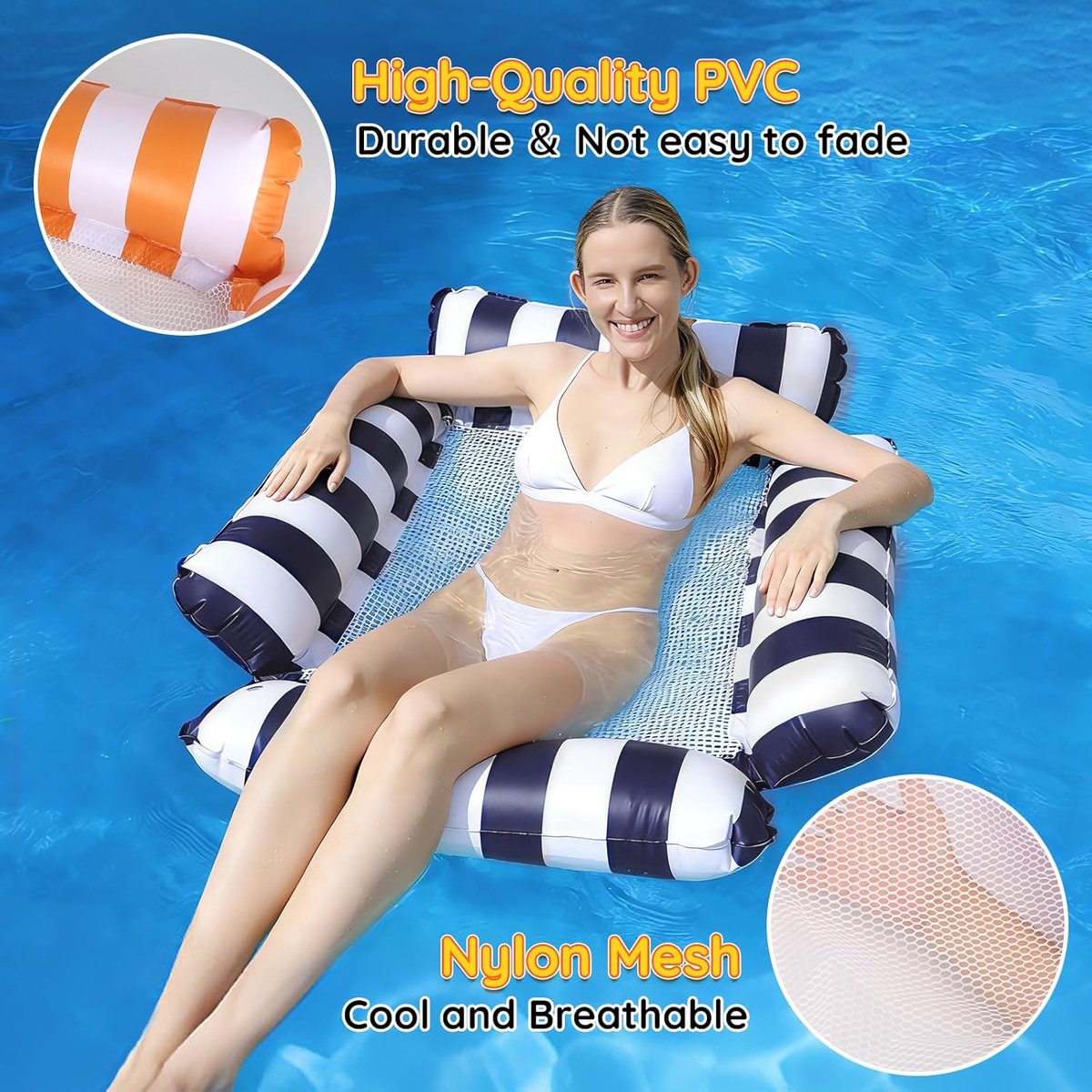 SnelShoppen - Air Mattress Zwembad, 4-in-1 Opblaasbare Water Hammock met Net, Zwembadstoel met Opblaasbare Drinkhouder en Luchtpomp, Drijvende Hammock