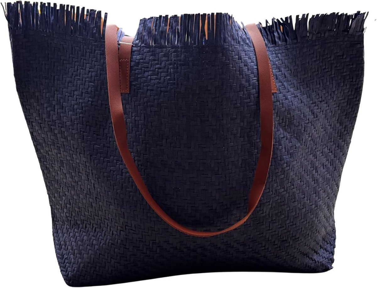 XL strandtas met rafelranden - extra grote geweven zomertas - kunstleren handgrepen - ideale tas voor vakantie - ShopVlot