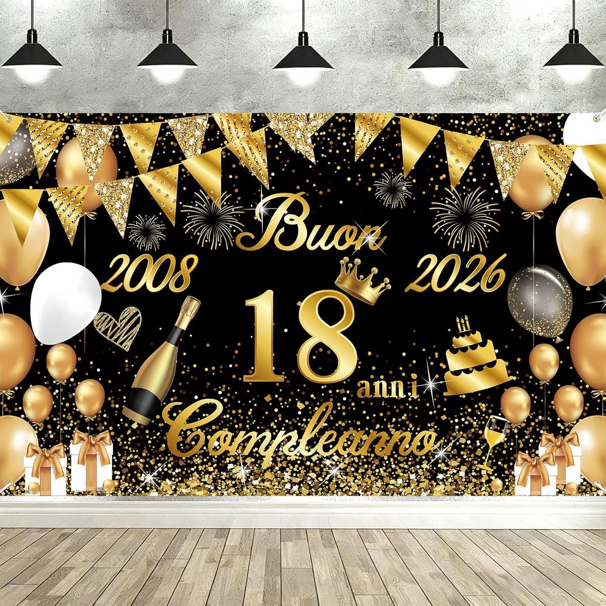 Verjaardagdecoratie 18 jaar - 180 x 110 cm - goud zwart - feestelijke achtergrond voor foto's - ShopVlot