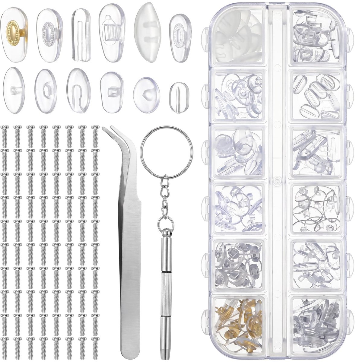 Bril Neuspads Reparatieset - 60 Paar Siliconen Neuskussentjes in 12 Maten - Complete Bril Reparatie Kit met Schroevendraaier, Pincet en Schroeven - Comfortabele Antislip Neuspads voor Brillen en Zonnebrill
