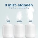 Trois humidificateurs Auraonic blancs avec émission de vapeur: 37h bas, 15h medium, 10h haut.