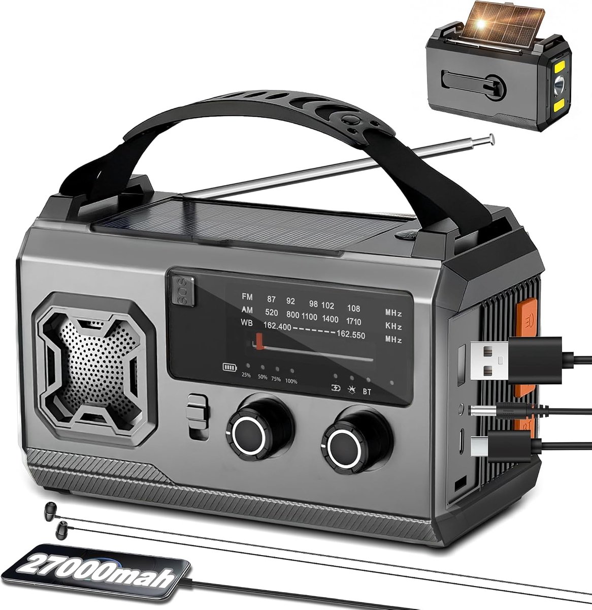 Noodradio met Slinger en Zonne-energie - 27.000 mAh Powerbank - AM/FM Opwindradio - Ideaal voor Kamperen - ShopVlot
