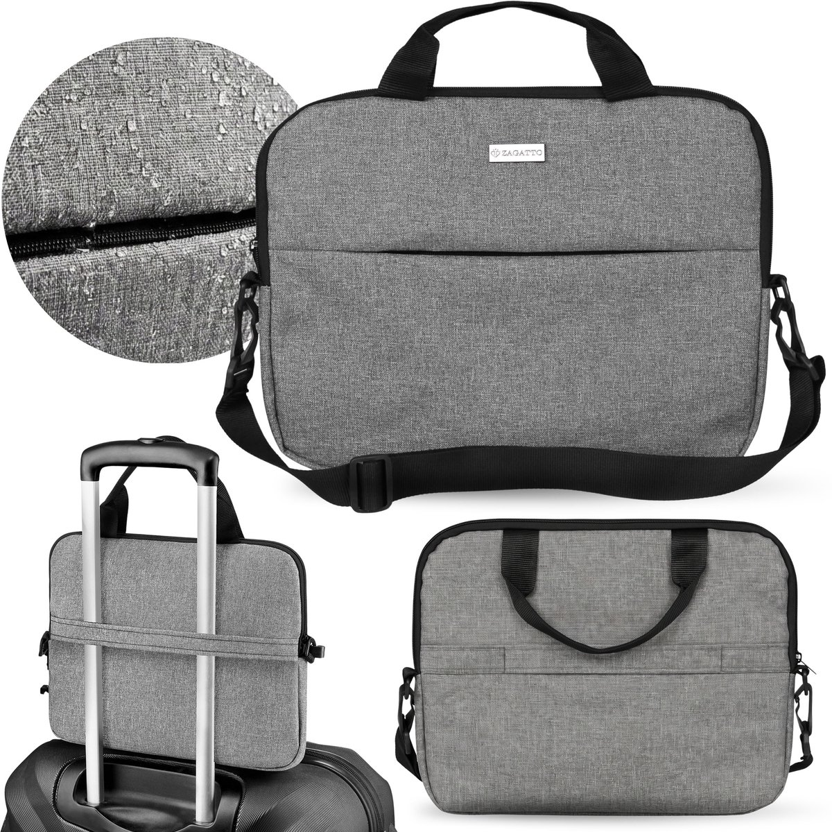 ZAGATTO WATERDICHTE laptoptas 15,6 inch, grijze schoudertas, LICHTE hoes met rits