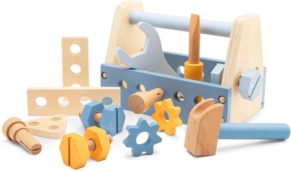 Gereedschapskist van hout voor kinderen, FSC-imitatiespeelgoed met schroeven, bouten en gereedschap, bouwspel en fijne motoriek, vanaf 3 jaar, cadeau voor meisjes en jongens