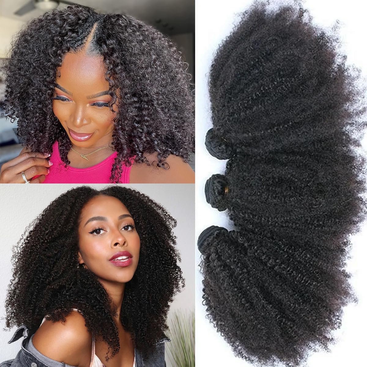 Afro Kinky Curly Bundles Human Hair 4B 4C Afro Kinky Bulk Human Hair Bundles 14 14 14 Inch Unprocessed Brazilian Remy Virgin Hair Curly Weave Hair Bundle for Women Natural Black Color 300g