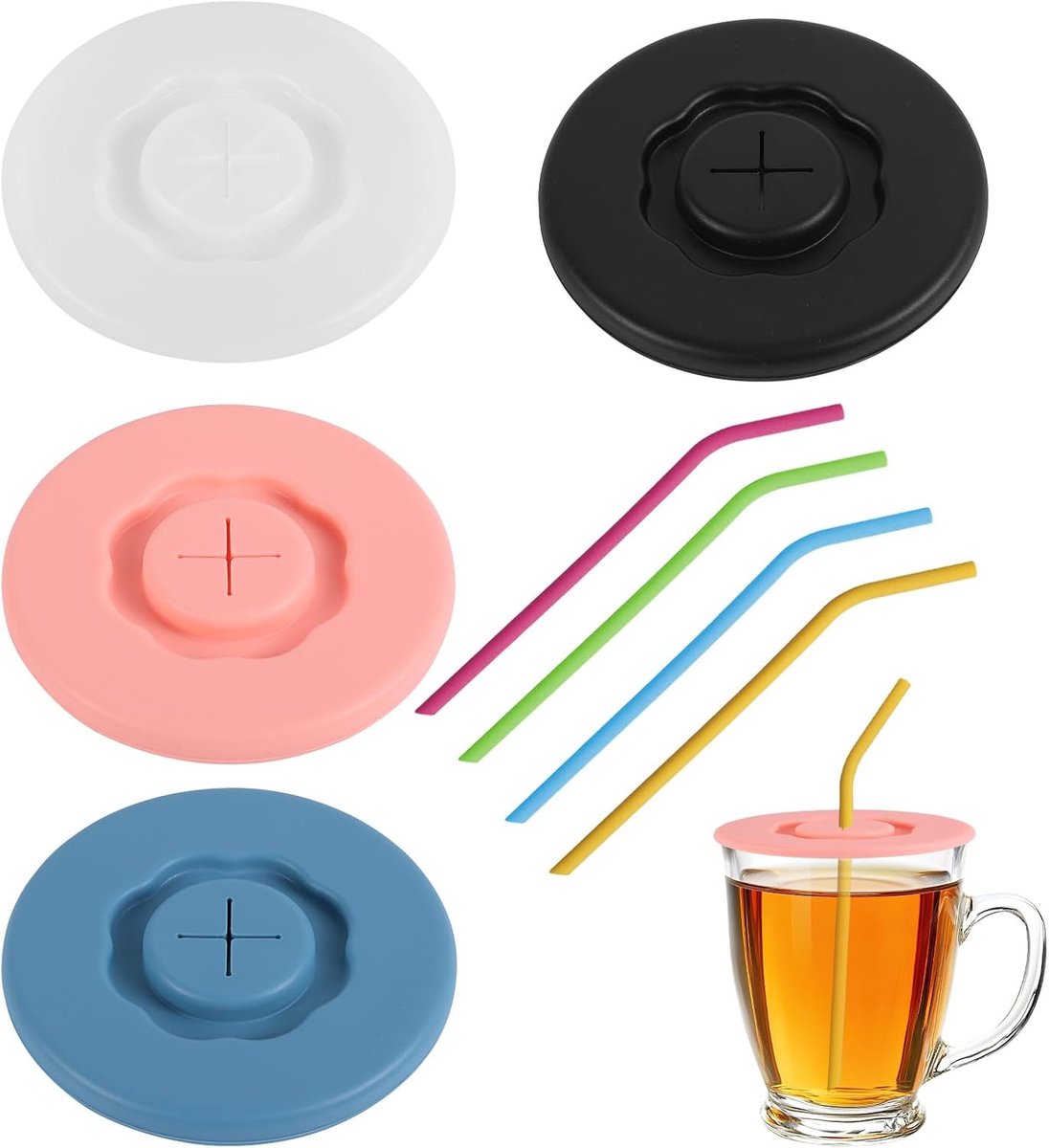 Deksels en 4 Stuks Rietjes, Herbruikbaar Beschermhoes voor Drankjes met Rietjegat Lekvrij Afsluitbare Deksels Geschikt voor de Meeste Mokken Glazen en Bekers